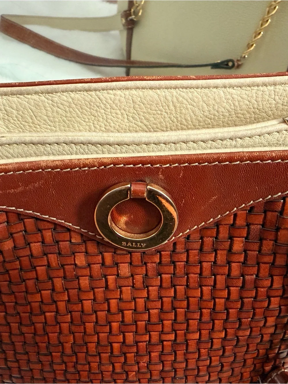 Bally vintage Brown Woven Leather Shoulder Bag with Cream Sides
